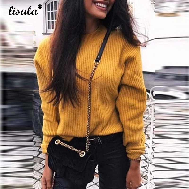 LISALA 2019 осень зима женский свитер новый однотонный пуловер модный джемпер с круглым вырезом женский s ребристый свитер Топы Трикотаж 3XL