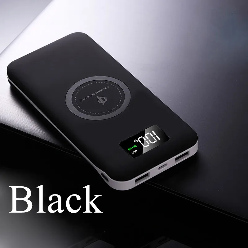 Беспроводное зарядное устройство, внешний аккумулятор 2 USB, 10000 мА/ч, внешняя батарея, быстрая зарядка, внешний аккумулятор для Xiaomi Mi 9, IPhone, аккумулятор - Цвет: Черный