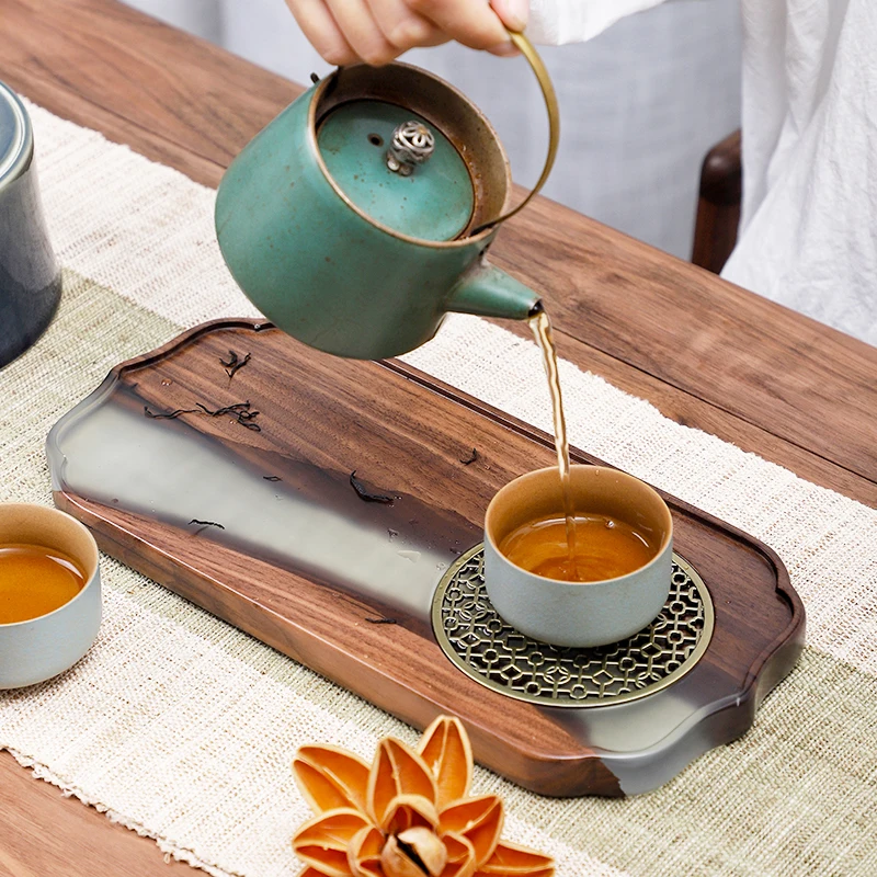 

Поднос из черного ореха и смолы, прямоугольный домашний креативный деревянный поднос для чая, твердый тонкий чайный столик, поднос из сухих пузырей