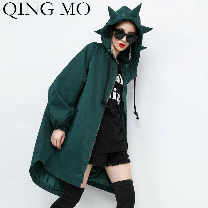 

QING MO Green Black Solid Irregular Coat 2019 Autumn Women Batwing Sleeve Hooded Coat Women Invisible Pocket Design Coat ZQY1416