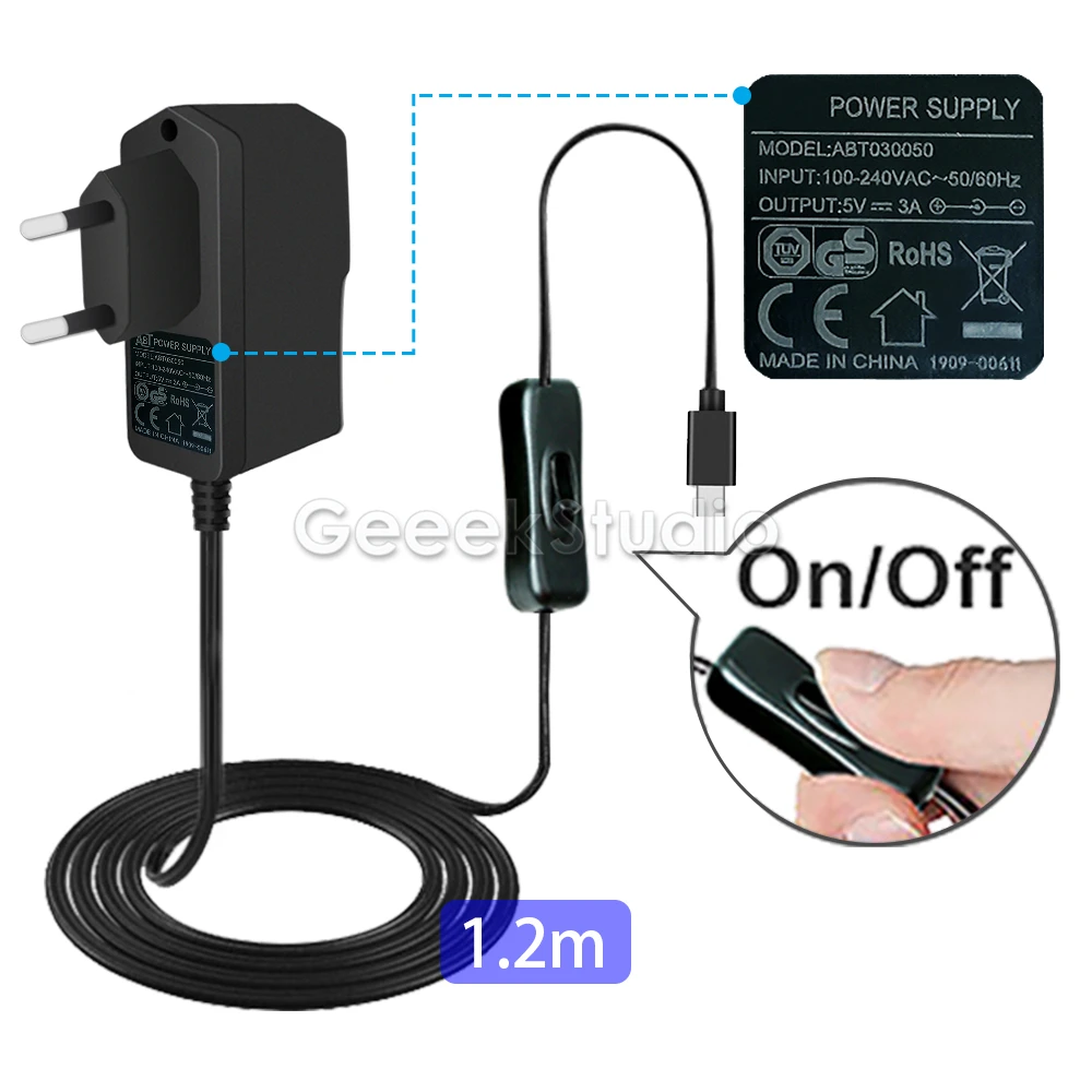 Адаптер питания 5 В 3 А с кабелем включения/выключения штепсельная вилка