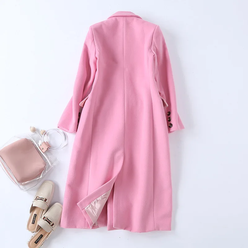 

2020 Autumn Winter Pink Wool Blends Overcoat Women Fashion Casual Office Full Sleeve Single Breasted Long Coats Abrigo Mujer