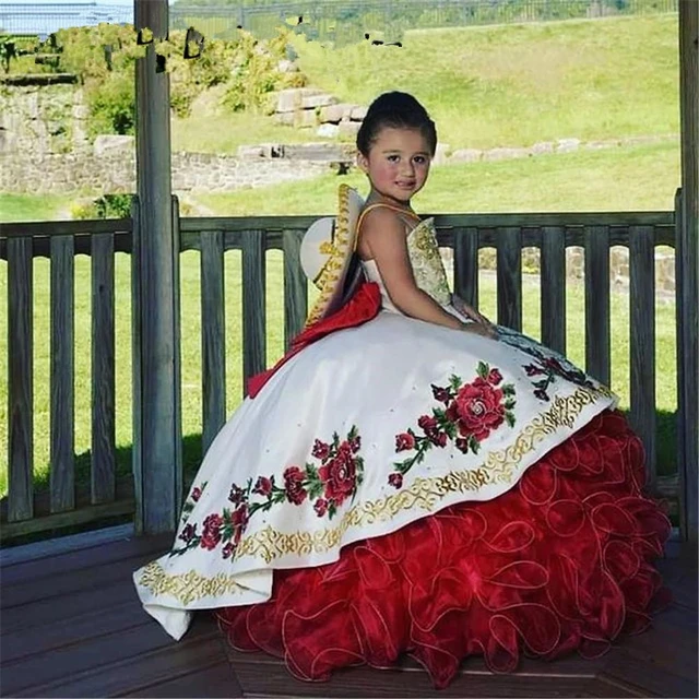 Vestido de fiesta de princesa con volantes rojos para niños pequeños, traje de tirantes finos escalonados, apliques florales, de flores para niñas _ - AliExpress Mobile