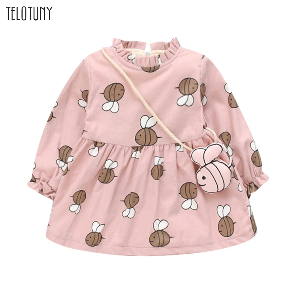 TELOTUNY/платье для маленьких девочек, комплект одежды для малышей, детская одежда с принтом пчелы, комплект принцессы, утепленная сумка для одежды, детская одежда, Vestido 916