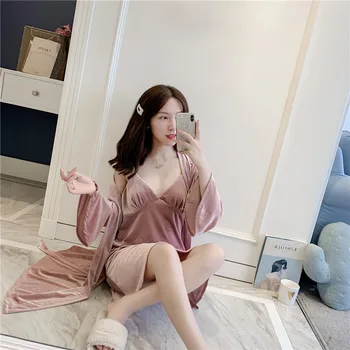 

2PCS Robe Set For Female Autumn Winter Sexy Velour Nightwear Kimono Bathrobe Gown Velvet Lace Sleepwear Home Dressing Gown