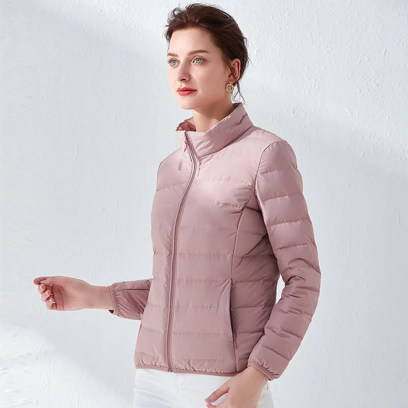 Fall Winter Women Warm Jacket Duck Down Filler Fashion Female Bomber Short Coat Slim Cropped Jacket Stand Collar Grey Black