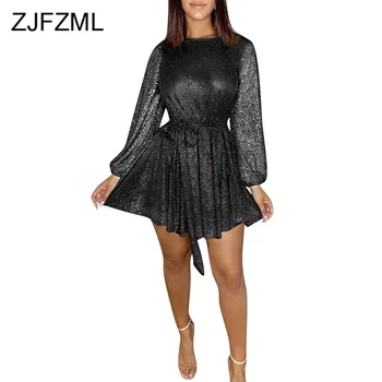 

Sparkly Sequins Sexy Party Dress Women Long Sleeve Sashes Elegant Pleated Dress Ladies Transparent High Waist Loose Mini Dresses