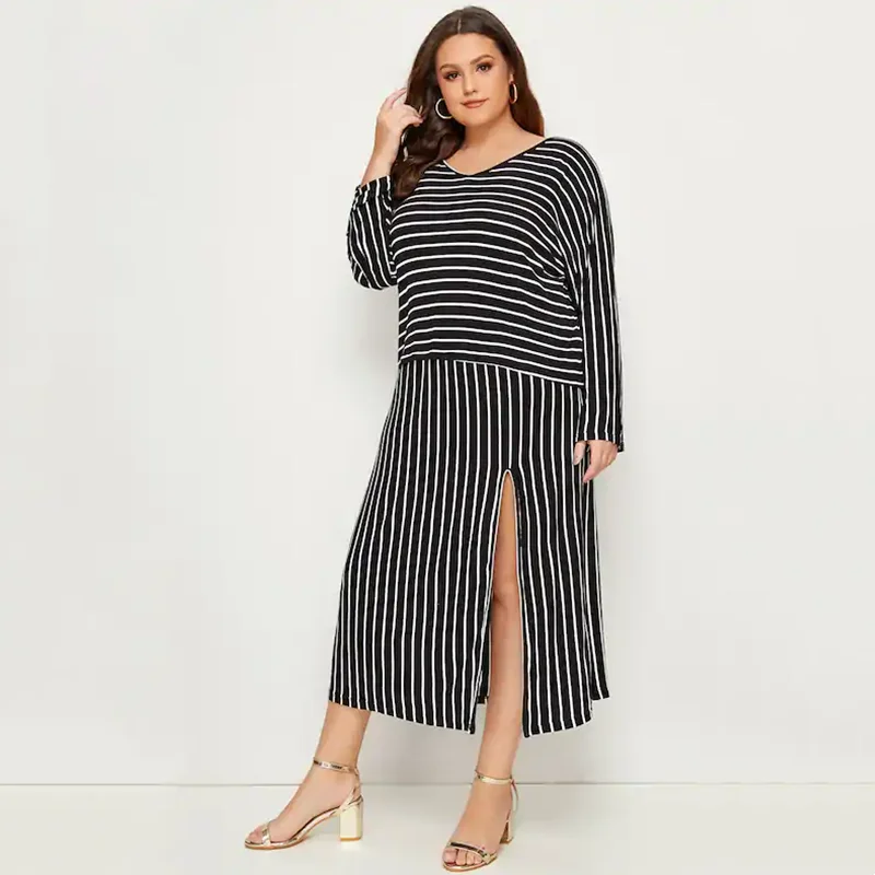 

2XL To 7XL Oversized Women Clothing Set Striped V-neck Long Sleeve Top + Hem Spllit High Waist Skirts Suits Two Piece Sets T1768