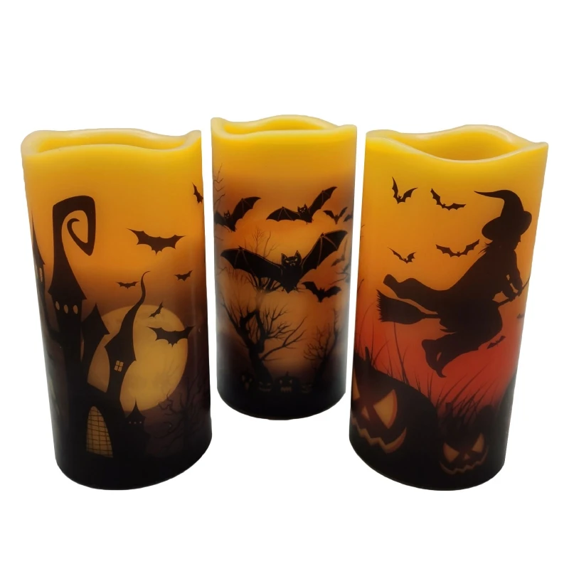 3pcs Flameless Flickering Candles Battery Operated LED Pillar Light Halloween Castle Witch Bats Decoration |