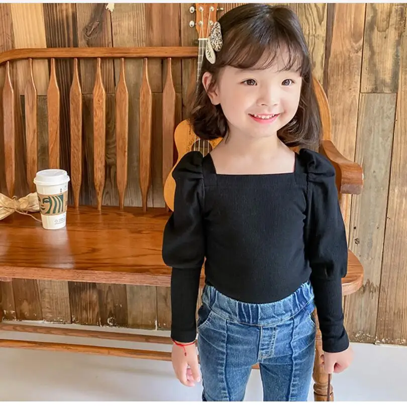 Blusa de manga larga para niñas, camisa bonita de 2, 3, 4, 6 y 7 años, color negro, loto, rosa, algodón, con cuello cuadrado - AliExpress Madre y niños