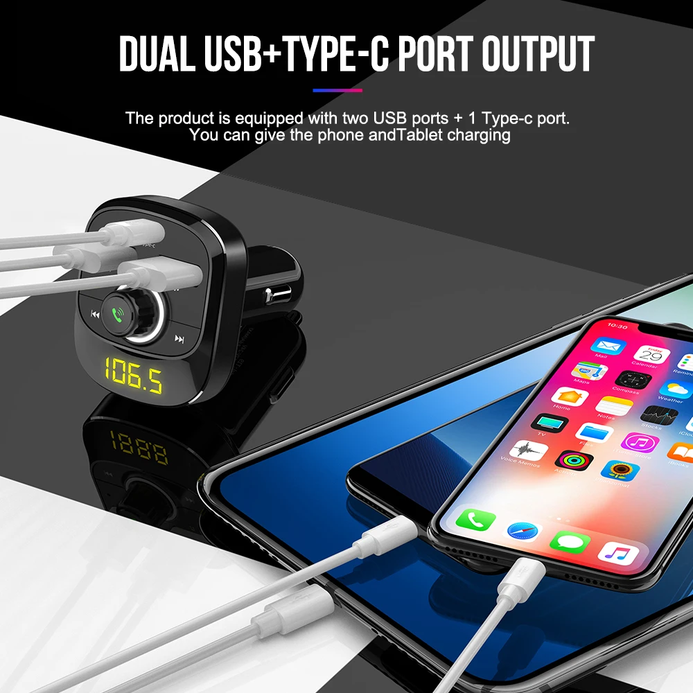 Vehemo 12 V-24 V 3.1A Тип-C с двумя портами USB и Bluetooth автомобильный набор, свободные руки, MP3 громкой связи TF карты Портативный Mic
