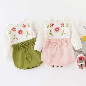 

2020 Sweet 3d Flower Baby Girl Knitted Bodysuit Autumn New 0-24M Infant Long Sleeve Baby Girl Sweater Jumpsuit Outfits