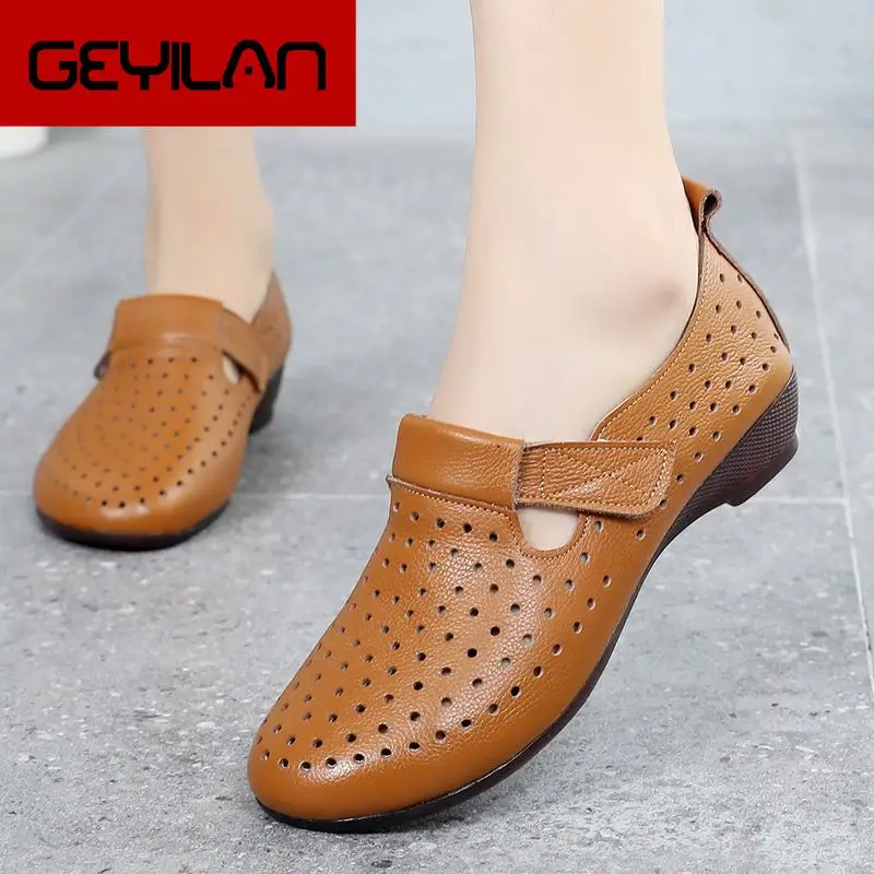 

Spring Summer Slip On Women Shoes Hollow Breathable Genuine Leather Moccasins Flats Shoes Female Casual Women Shoes