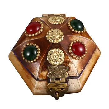 

Folk Style Beef Bone Jewelry Storage Box Creative Gem Decorated Jewelry Case Hexagon Shaped Retro Organizer Crafts Box - Size S