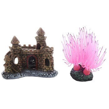 

1Pcs Artificial Aquarium Fish Tank Ornament Castle & 1Pcs Fish Tank Aquarium Decor Coral Flower Design Pink