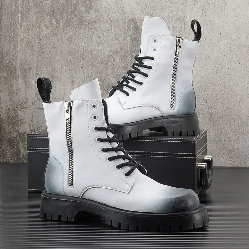 British mens Chelsea boots high top male height increasing platform short mid calf motorcycle 38-44