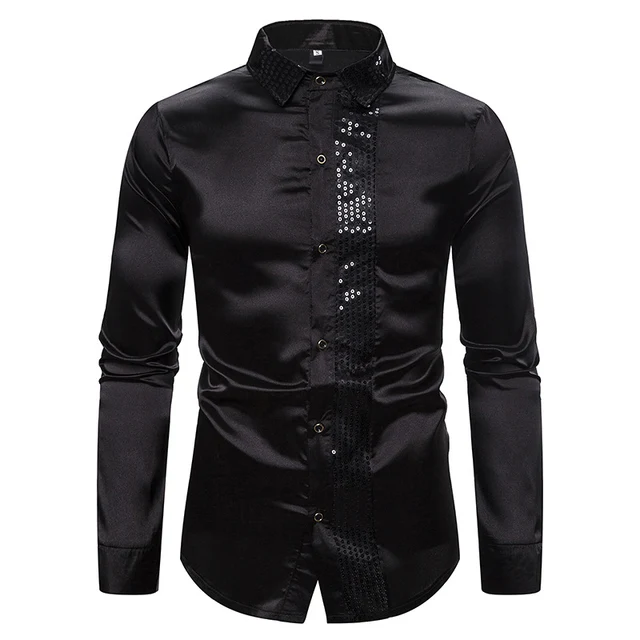 Silk Mens Black Shirts Satin Smooth Men 