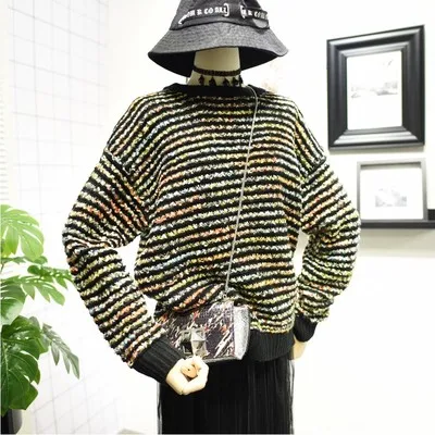 Autumn Winter Women O-Neck Knitted Sweater Stripe Spliced Bright Silk Knitwear Long Sleeve Loose Outerwear Jumper Korean Fashion - Цвет: Black
