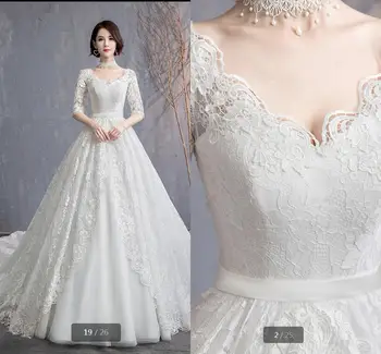 

2020 luxury white lace ball gown wedding dress v neck modest half sleeve chapel train elegant Saudi Arabic bridal gowns hot sale