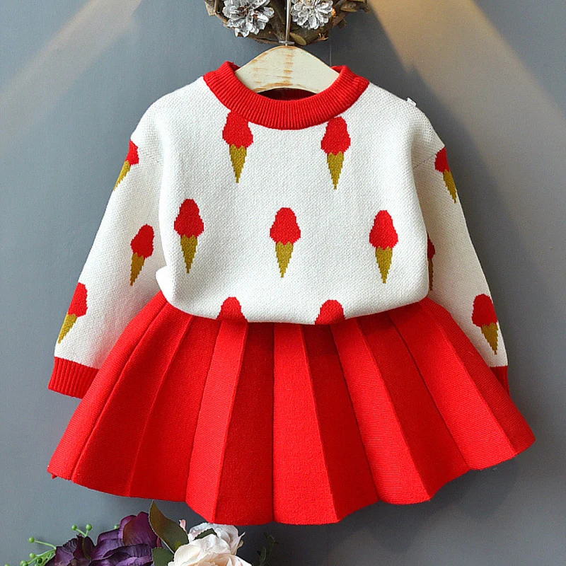 Осенне-зимнее платье для маленьких девочек; одежда для детей; вязаный пуловер с рисунком мороженого; свитер; плиссированное платье; костюм из 2 предметов; костюмы для девочек; платья