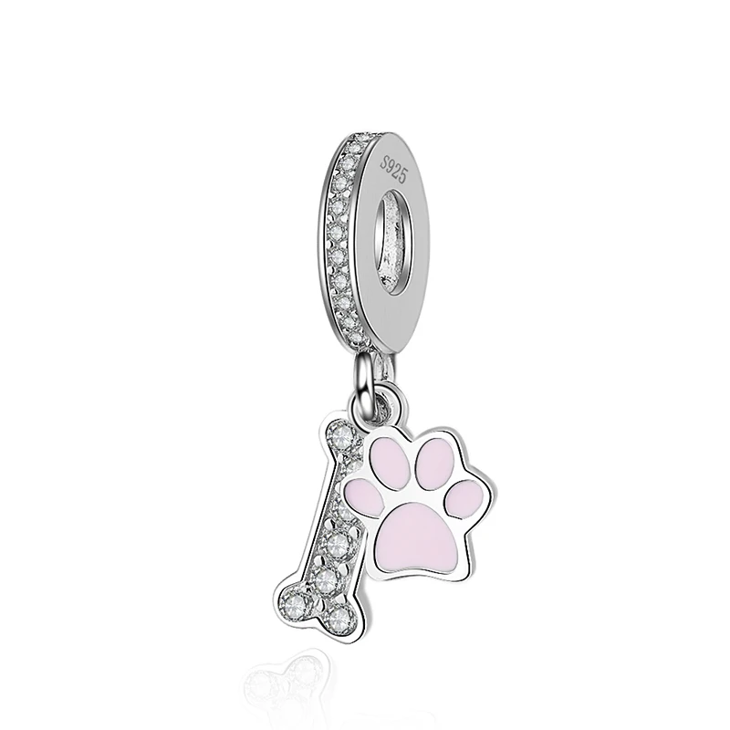 100% 925 стерлингового серебра розовая эмалированная Собака Paw кость из бисера Cz