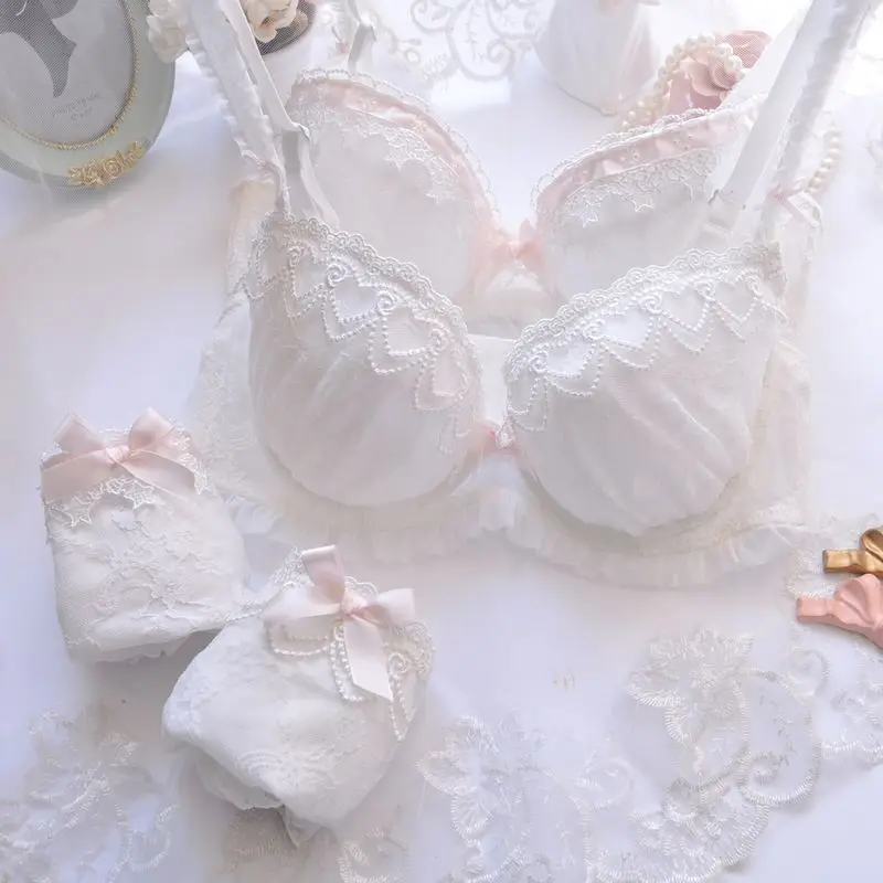 

Womens Teen Girls Sweet Bra & Brief Sets Full lace translucent Water soluble embroidery Lolita Sweet Underwear Sets Bra Sets
