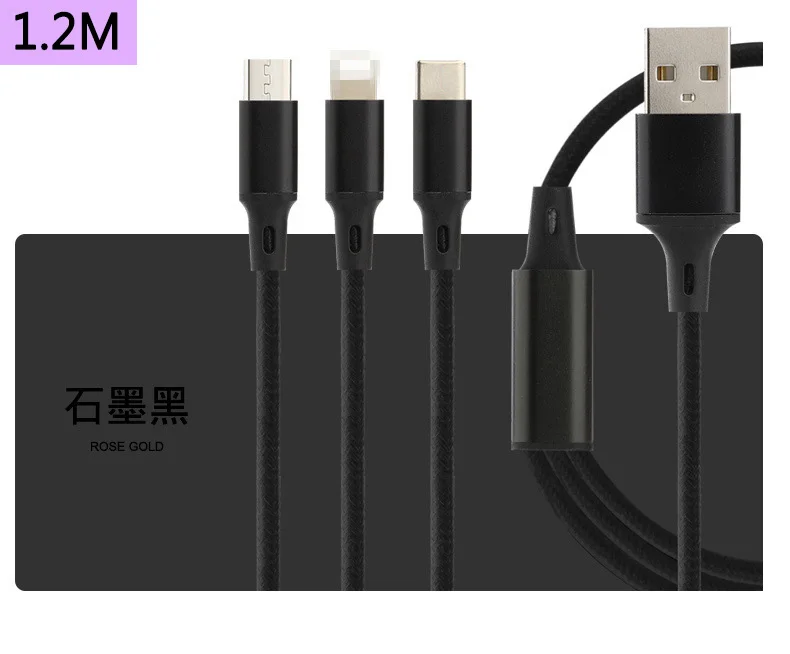 3 в 1 USB кабель тройной зарядки светодиодный кабель Micro type C гибкий зарядный кабель нейлоновая оплетка многофункциональный для iPhone - Цвет: Black 3 in 1