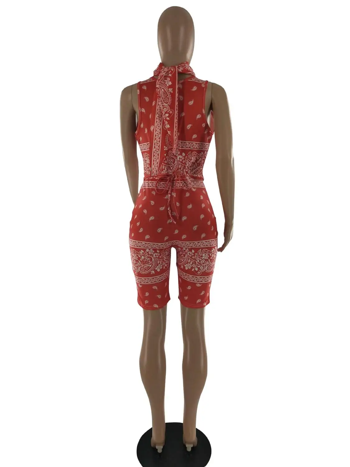 Adogirl Women Sleeveless Lace Up Open Front Jumpsuit Bandana Print Hollow Out Romper With Face Towel Sexy Party Club Bodysuit