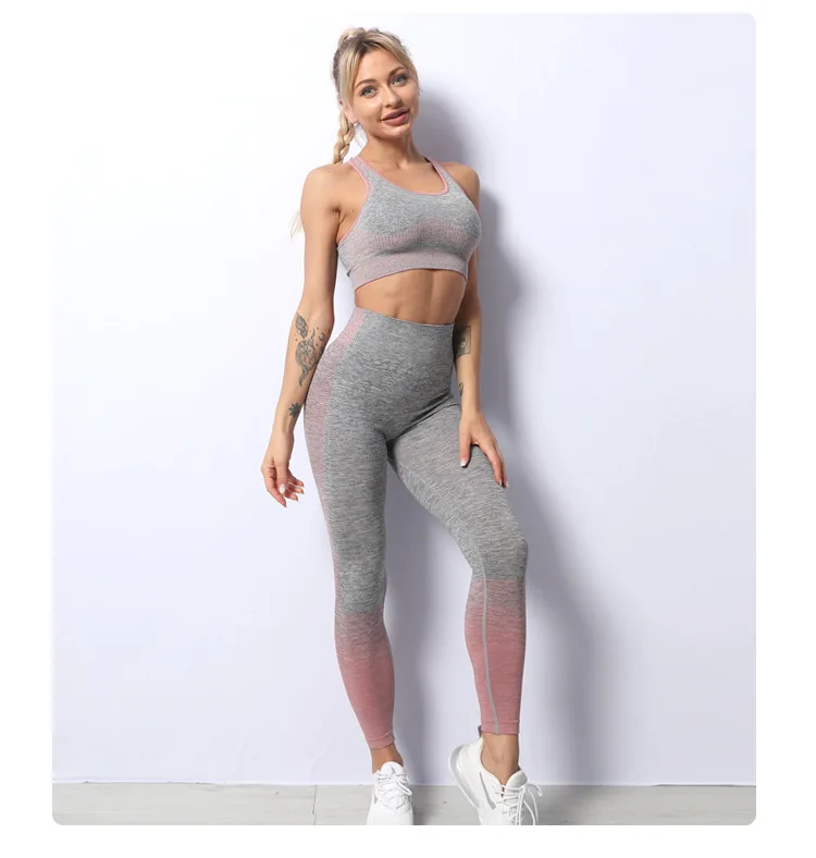 Women Gym Clothing Sports Wear Seamless Ombre Long Sleeve Yoga Set Legging Set High Waisted Fitnesss Suit Tight Work Out Suit