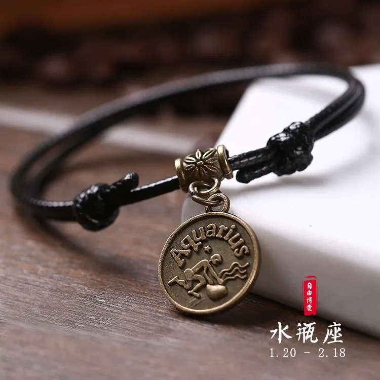 Women Vintage Black Rope Chain Anklets 12 Constellations Couple Bohemian Ankle Bracelet Lovers Accessories Boho Foot Jewelry - Окраска металла: Aquarius