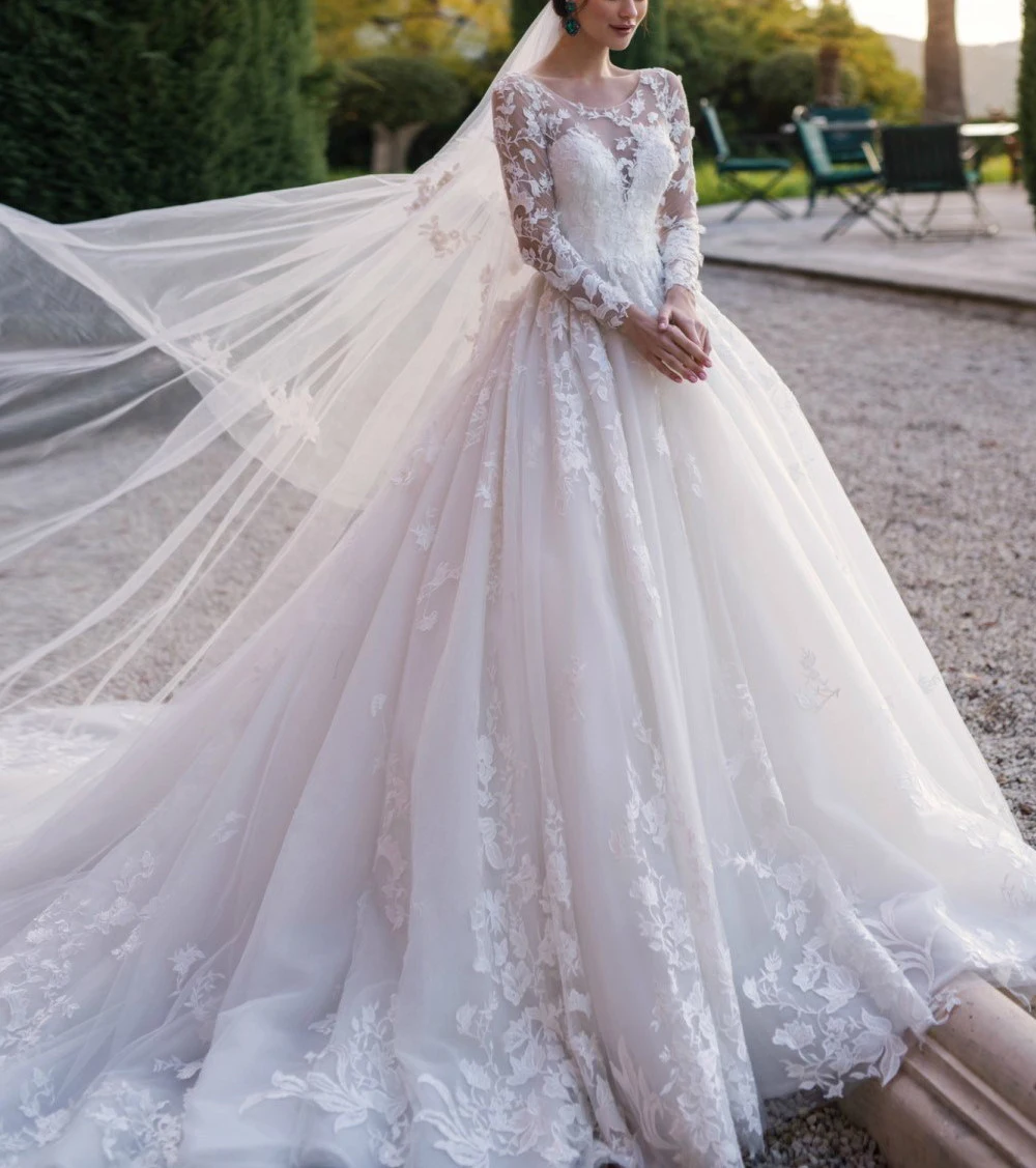 Vestido De Noiva свадебное платье с длинными рукавами, роскошное свадебное платье из тюля с аппликацией и длинным шлейфом, свадебное платье невесты