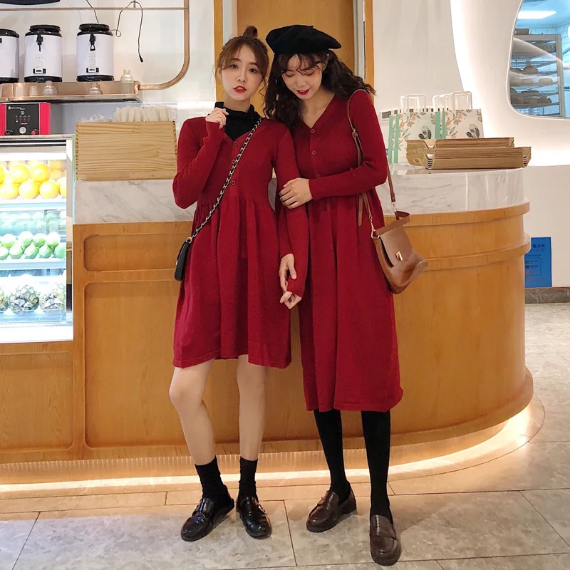 

Photo Shoot 2019 WOMEN'S Dress Winter Sweet Elegant Solid Color High-waisted V-neck Button Best Friend Base Jersey Dress