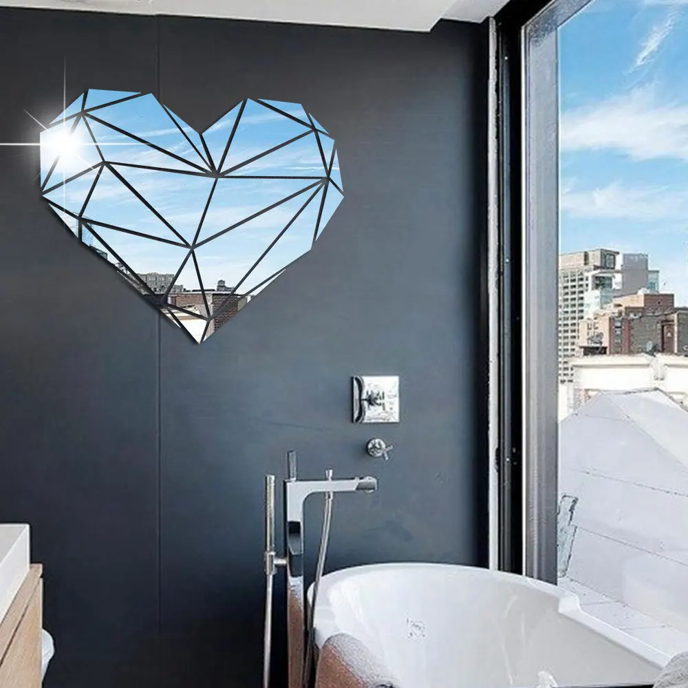 Heart Acrylic Mirror Wall Stickers 3D Creative Geometric Puzzle Heart Decoration Living Room Bedroom Art Wall Acrylic Decor