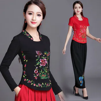 

Chinese Style Women'S Pullover 2020 Spring Autumn Embroidered Long Sleeved T-Shirt Female Lady Plus Size Cotton Summer T Shirt