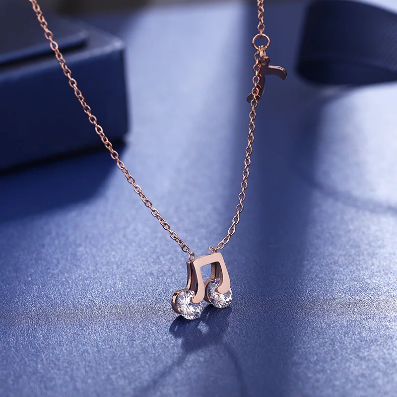 

YiKLN Fashion Inlaid Zircon Musical Pendant Necklaces Titanium Steel Rose Gold Music Clavicle Chain Necklace For Girls RN02303