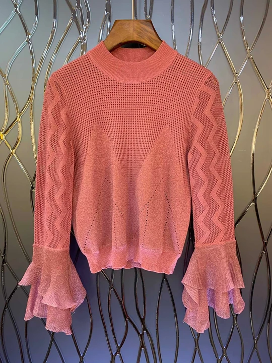 

2019 Early Autumn New Woman Round-collar Horn Long-sleeved Pure-color Decorative Long-sleeved Baitao Sweater Knitted sweater 913