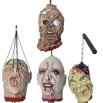 

Halloween Latex Cut Off Screaming Head On Chain Halloween Haunted House Scary Props Party Holiday DIY Decorations Bloody Limb