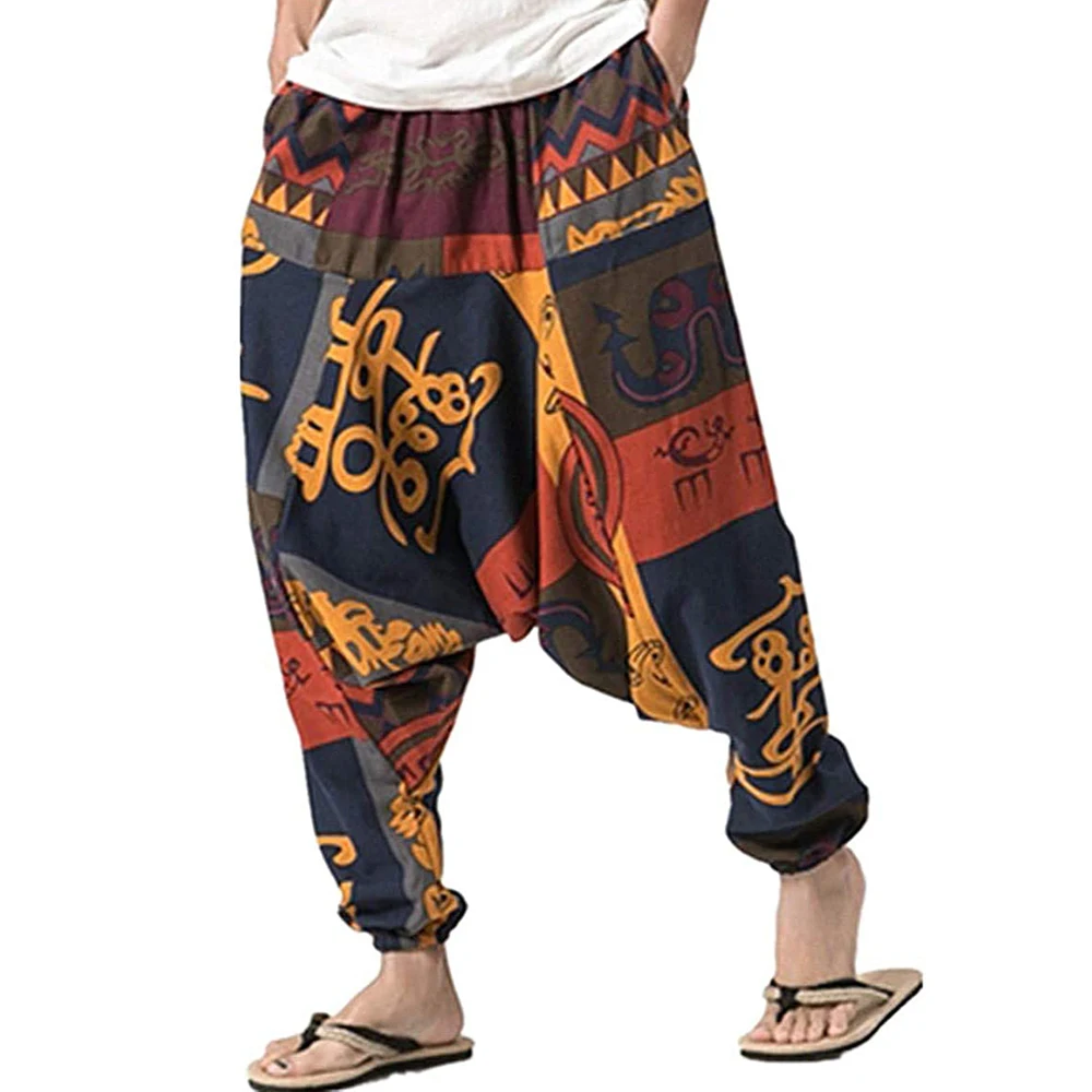 Men's Cotton Casual Beach Pants Harem Yoga Baggy Genie Boho Pants，Aladdin Pants and Harem Pants