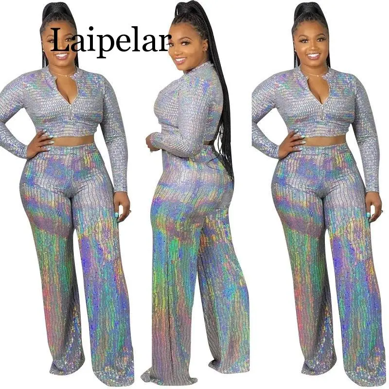 New shiny 2 piece set women full sleeve crop top and wide leg pants two piece set high street sparkly outfit