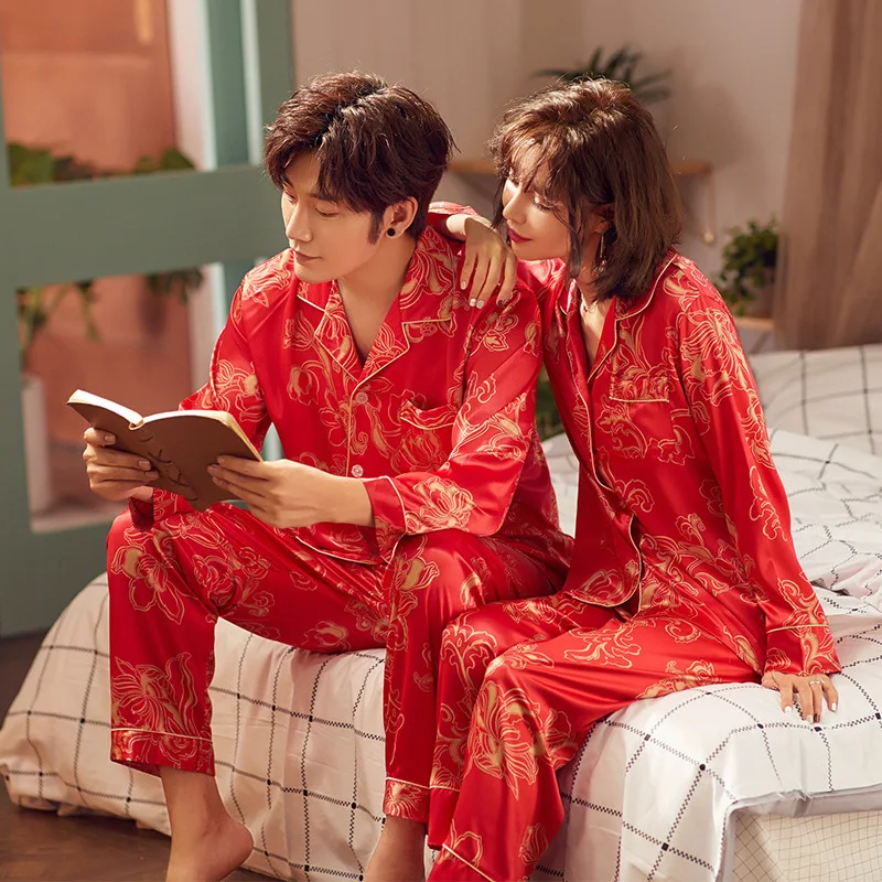

Spring And Autumn Viscose Pajamas Girl'S Red Marriage Couples Set Long Sleeve Wedding Silk Tracksuit Men's-outside