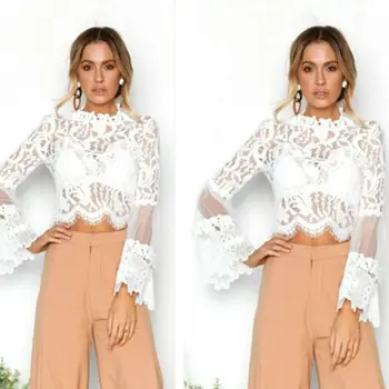 

Women Lace Blouses Long Sleeve Shirts Casual Flared Sleeve Slim Blouse Shirts Fashion Ladies Autumn Clothes