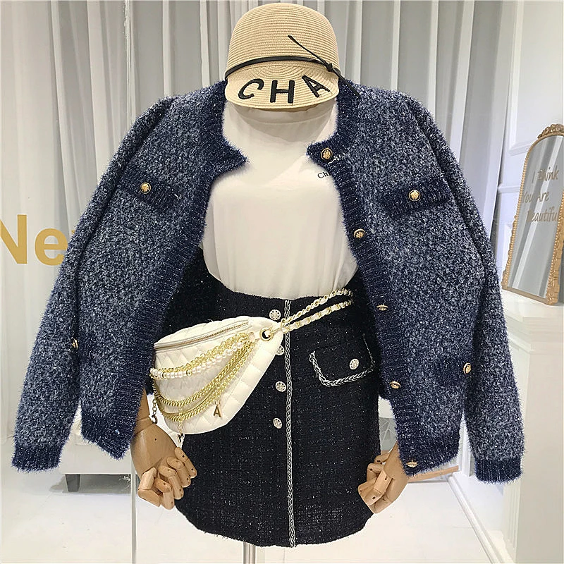 Best Price 2019 Autumn Winter Women Cardigan Single Breasted O-Neck Blue Knitted Sweater Designer Fall Sweaters Fashion Long Sleeve