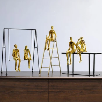 

Two Abstract Golden Figures Sitting On The Parallel Bars Statue Home Crafts Room Decorative Objects Office Metal Sculpture Gift