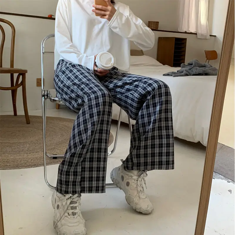 QWEEK Korean Fashion Style Checkered Pants for Women Black Plaid Pants High Elastic Waist Women Casual Chic Harajuku Wide Pants