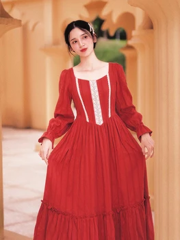 

Spring Autumn Dress Women Vintage Elegant Slim Red 100%Cotton Dress Sweet Lace Patchwork Long Sleeve Ruffles Midi Dress clothes