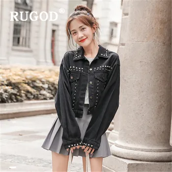 

RUGOD Popular Spring New Style Rivet Beads Loose Black Demin Jacket Women Streetwear Fashion 2019 Kpop Clothes