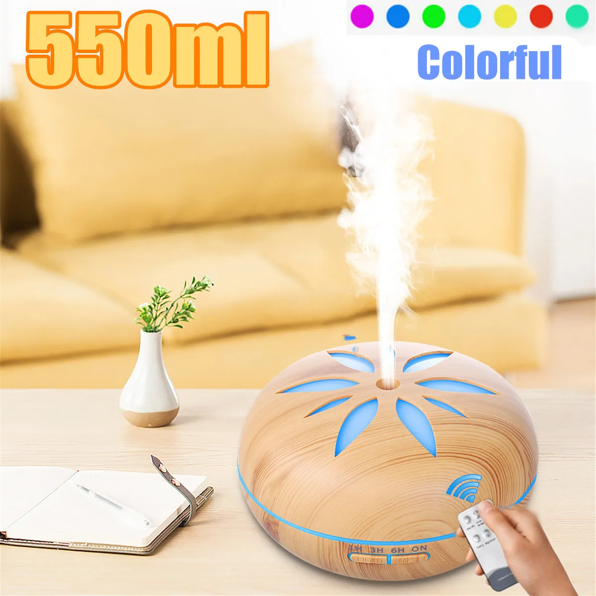 

550ml Ultrasonic Electric Air Humidifier Aroma Oil Diffuser Wood Grain With Remote Control 7 colors LED Lights For home 110-240V