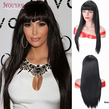 

HOUYAN 24 ''Long Straight Black Wig with Bangs Synthetic Hair For Women Heat Resistant Fiber Comfortable False Hair