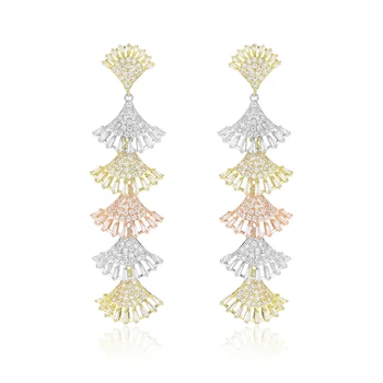 

VERY GIRL 78mm Luxury Three Tone Color Earrings Fan Shape Zircon Long Dangle Earrings For Women Wedding Banquet Jewelry 2019