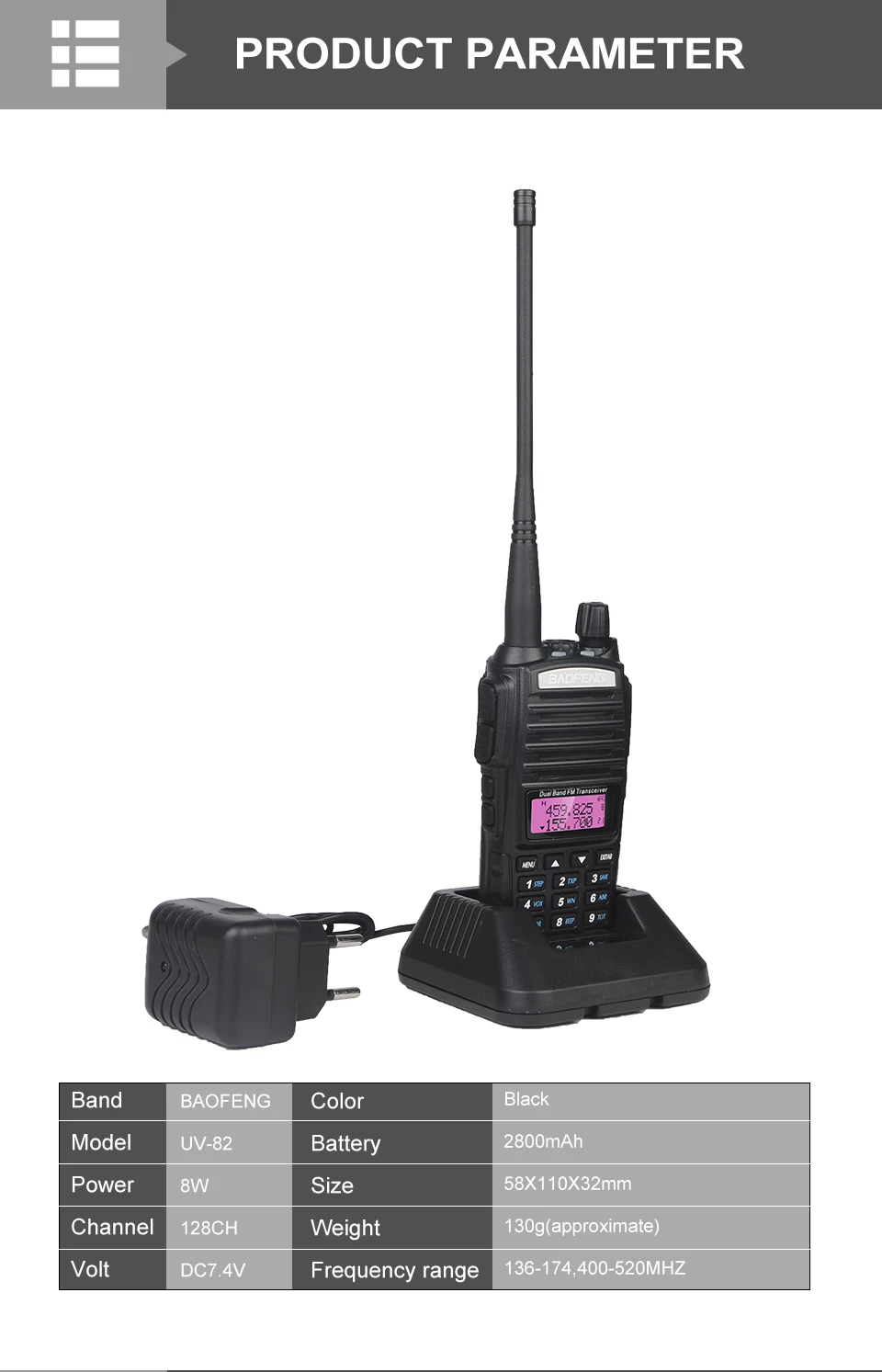 Baofeng UV-82 8 Вт двухстороннее радио Dual-hand с наушниками 136-174/400-520 МГц FM CB Любительская рация для взрослых Открытый трансивер